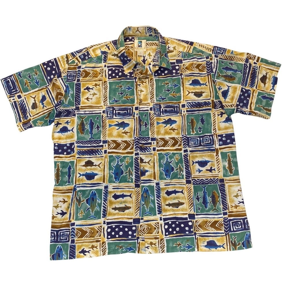 Kahala Hawaiian Shirt Mens XL Fish Print Cotton Aloha Camp Shirt‎ Hawaii
